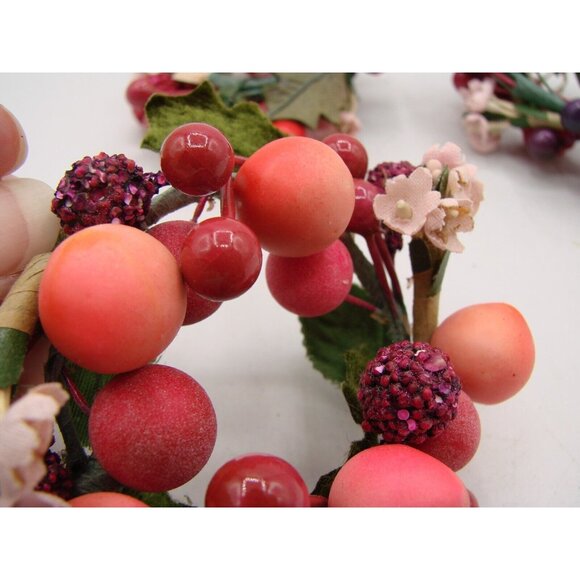 Lot 4 Candle Ring Holders 2" Pink Burgundy Berry Decor Christmas Holiday Vintage - Picture 6 of 10